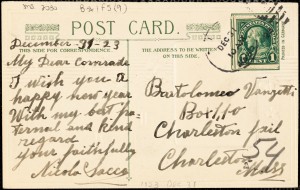 Back of Nicola Sacco autographed note (postcard) signed to Bartolomeo Vanzetti, [Dedham], 31 December 1923