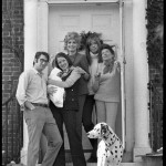 Simon family in doorway (left to right) David Levine, Lucy Simon with infant, Joanna Simon, Carly Simon, Andrea Simon, and dalmatian, circa 1967