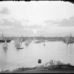 Views across Marblehead Harbor with boats at sunset