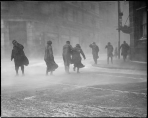 Old-fashioned snow blizzard, Boston. Coldest snow blizzard at its height on Tremont St.