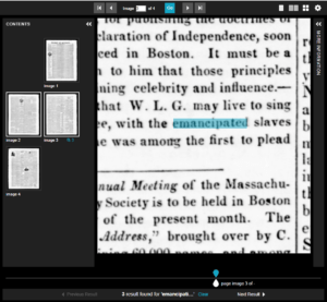 Screenshot of the word "emancipated" highlighted in the text of a newspaper article.